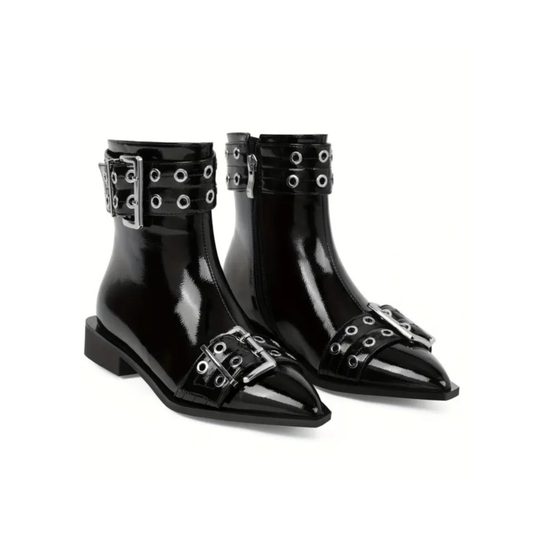 Rockstar Black Buckle Pointed Toe Ankle Boots