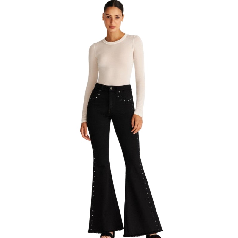 Black Flare Jeans with Studded Details