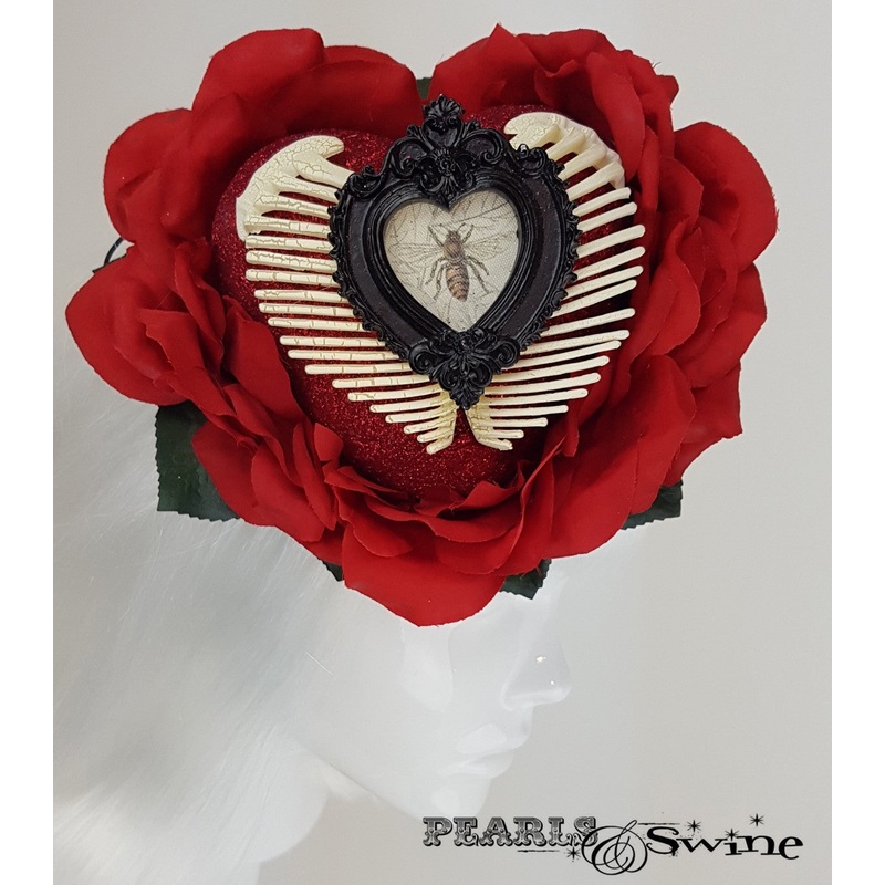 Red Glitter Heart, Rose & Ribs Hat Dark Heart