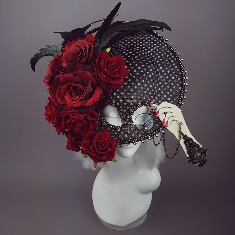 Eccentricity Black and white Polka dot, Rose Feather Hat Mask