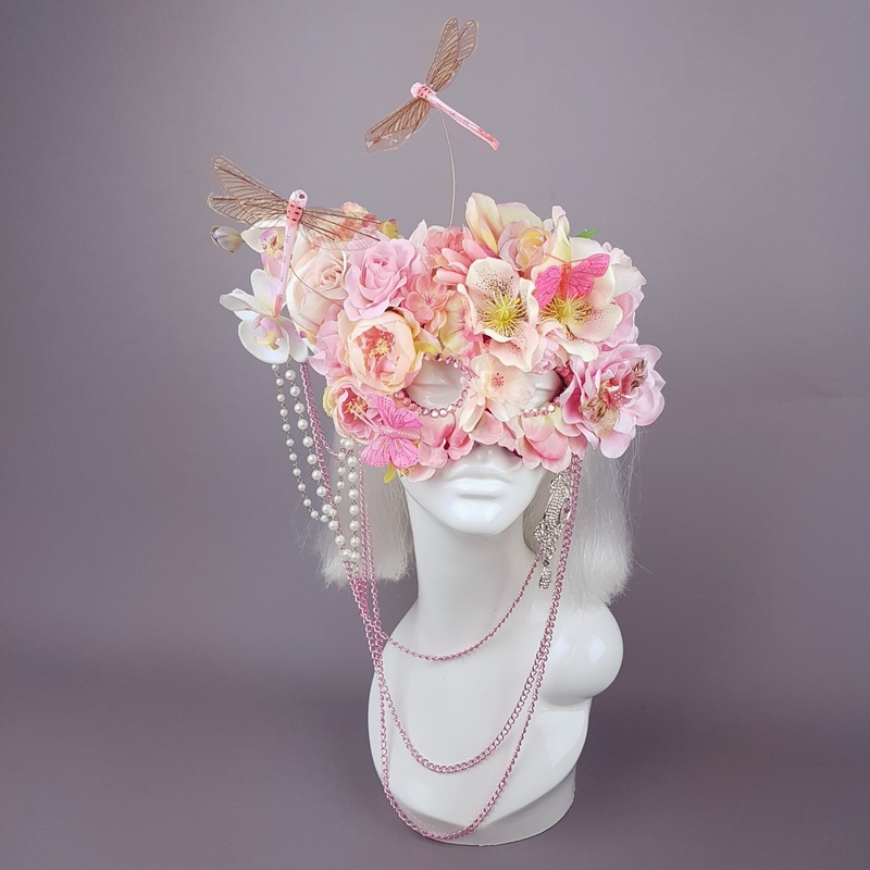Floral Dreams Pink Floral Mask with Dragonflies