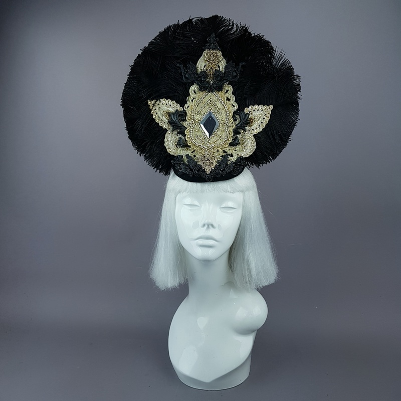 Lujo Black & Gold Feather & Filigree Headdress