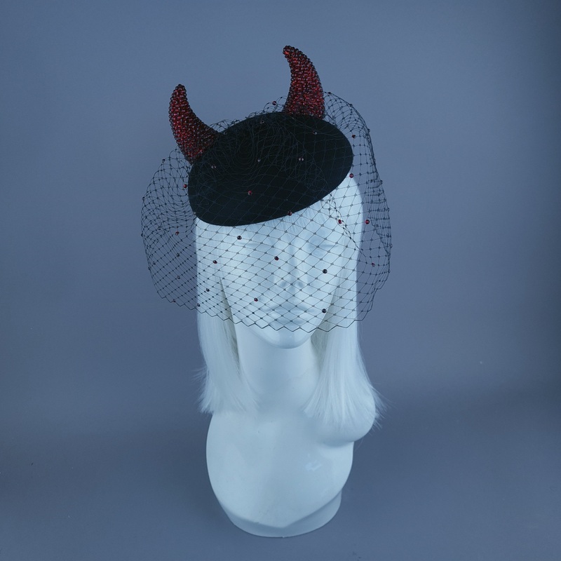 The Devil Is A Woman Red Crystal Horns Veil Fascinator Hat