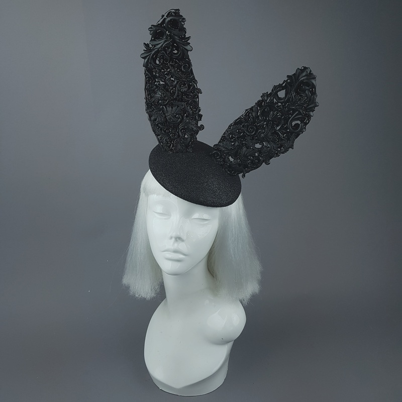 Binky Black Filigree Baroque Bunny Rabbit Ears Hat