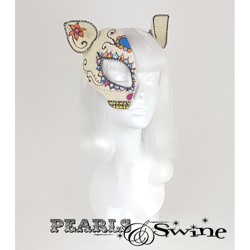 Day of the Dead Cat Half Mask Fascinator Sugar