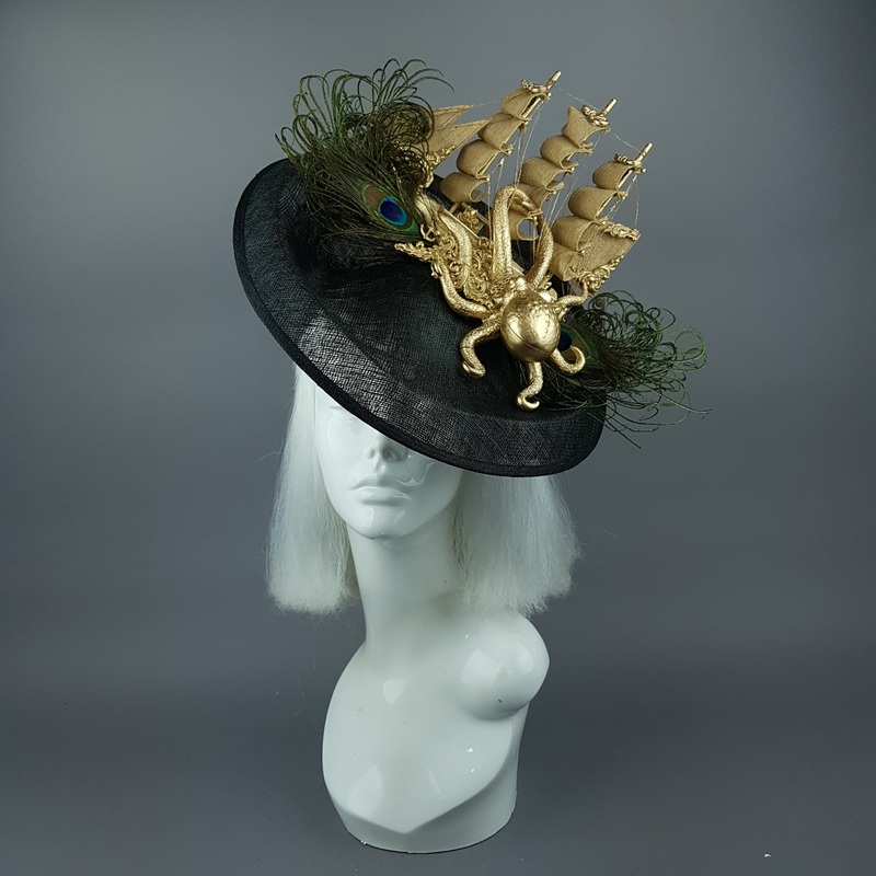 Ira Gold Ship, Octopus, Filigree & Peacock Feather Fascinator Hat