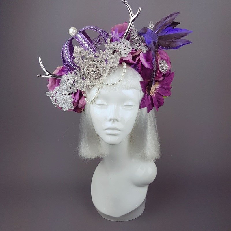 Avalon Purple Crown & Bird Floral Antler Headpiece