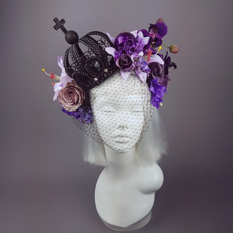Dark Queen Black Crown & Skull Floral Headpiece
