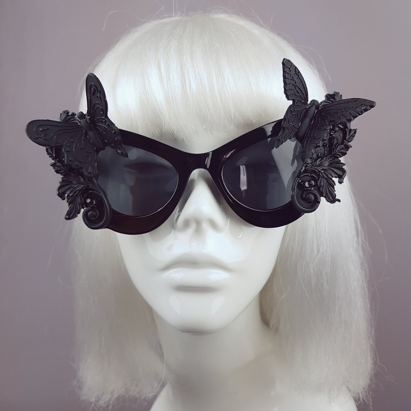Jezebeth Black 3D Butterflies Filigree Catseye Sunglasses