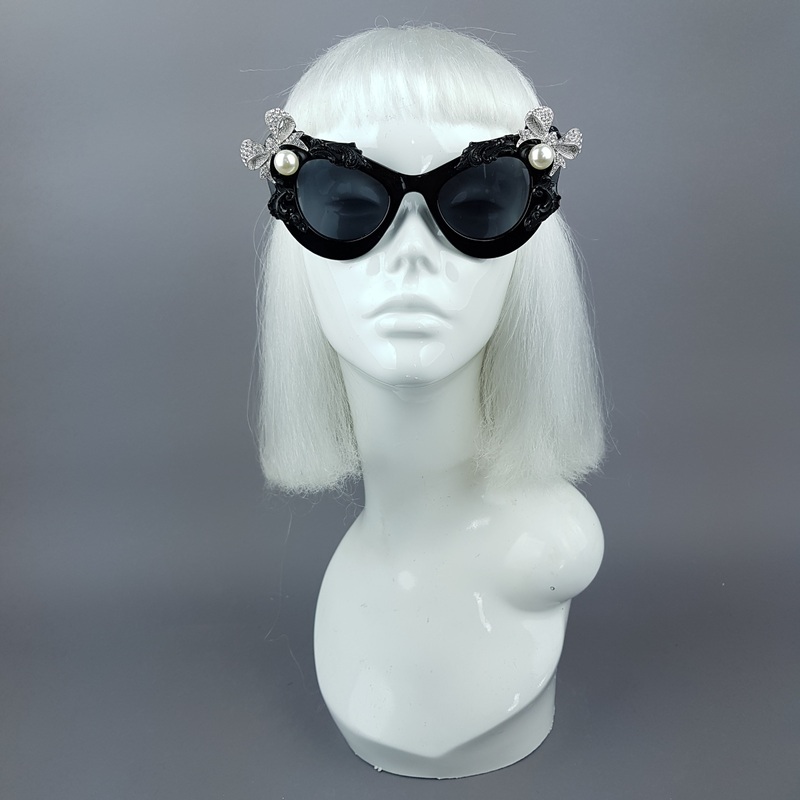 Kiara Black Pearl Box Jewel Filigree Cats Eye Sunglasses