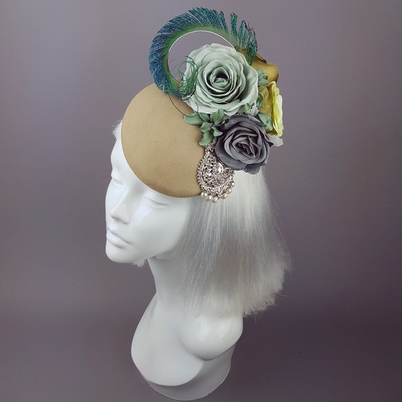 Alexandra Bohemian Rose Headpiece with Peacock Feathers