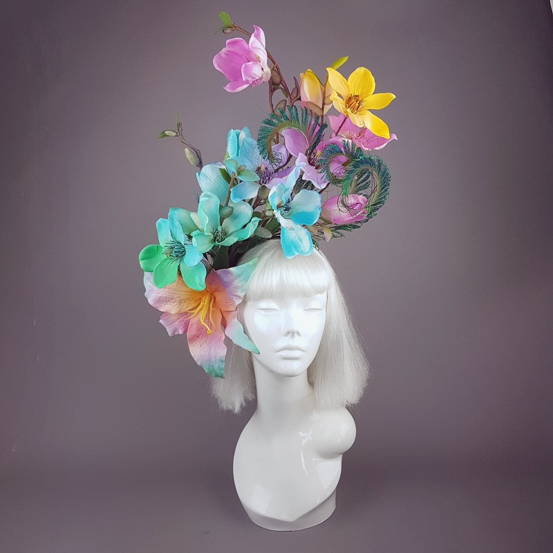 clairer Rainbow Magnolia Flower & Peacock Feather Headpiece