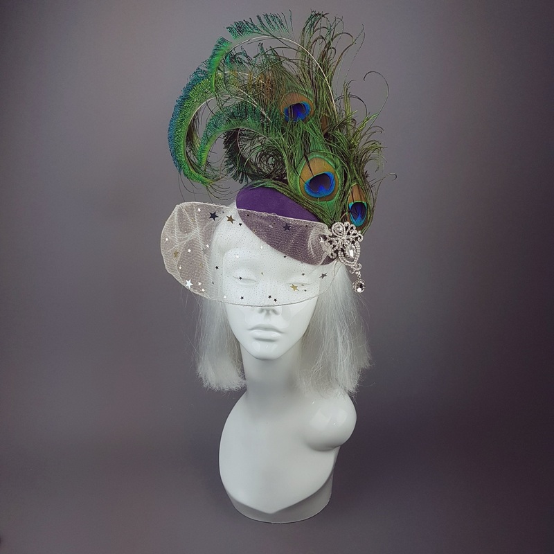 Cortesana Veiled Peacock Feather Hat