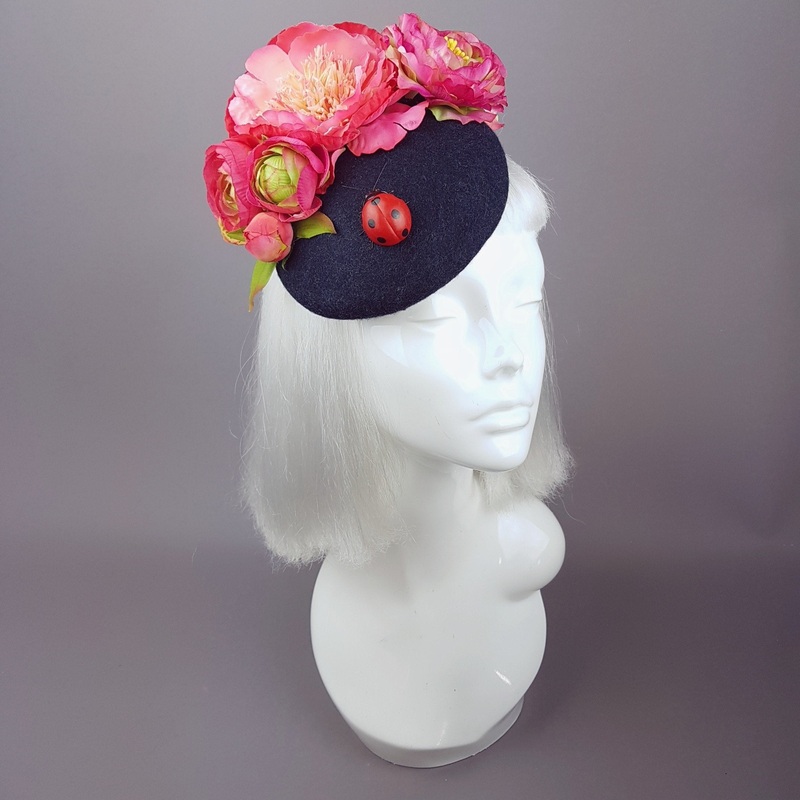 Donella Pink Rose, Ladybird on Dark Grey Fascinator