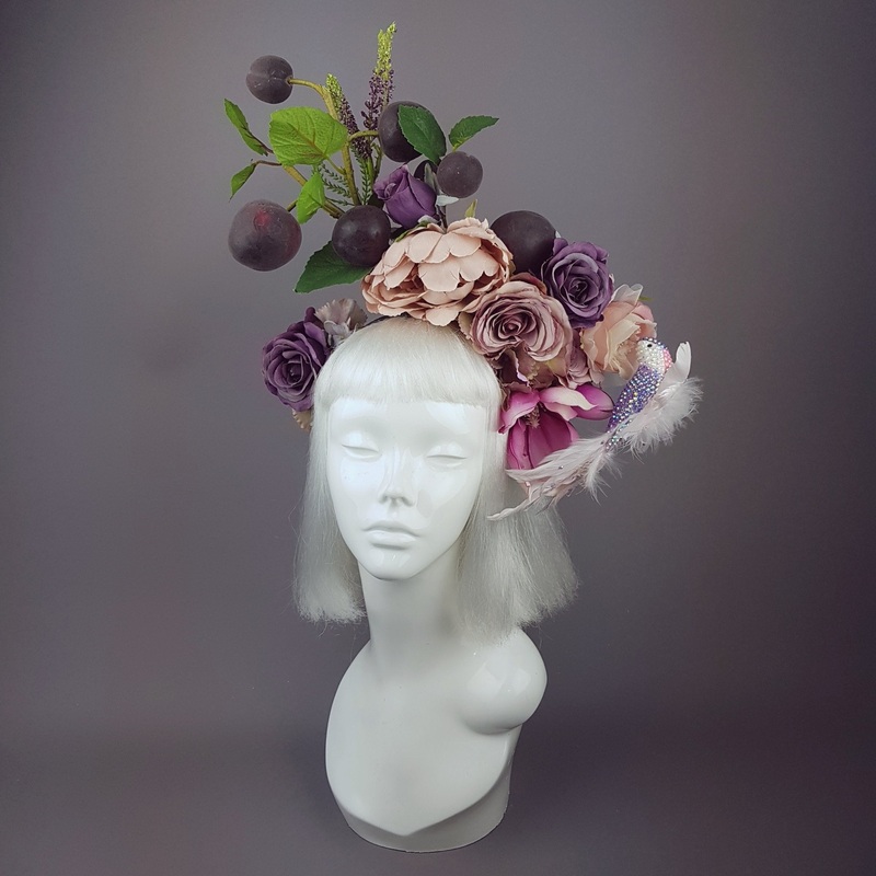 Fleur De Prunier Pink Purple Plum & Floral Rose Headpiece with Crystal Bird