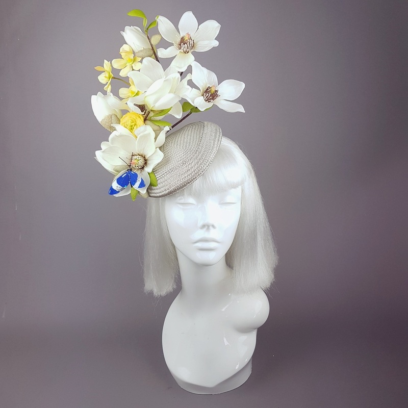 Lorilla Grey and Yellow Magnolia Flowers Fascinator Hat