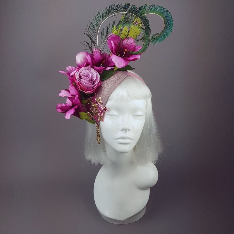 Maurelle Pink Purple Gladioli & Rose Headpiece with Peacock Feathers