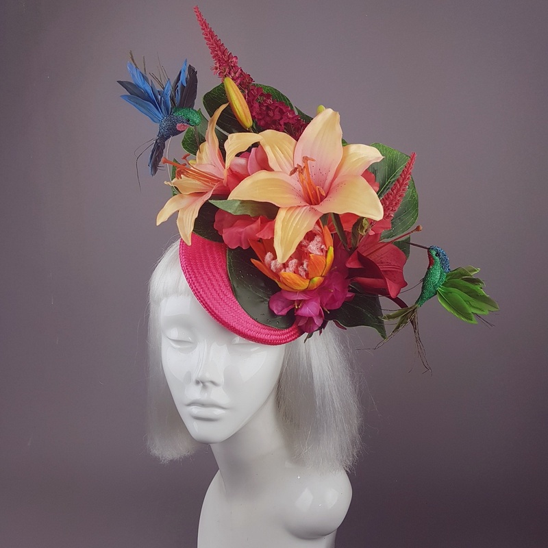 Nerida Pink & Orange Tropical Hibiscus Flowers Fascinator Hat