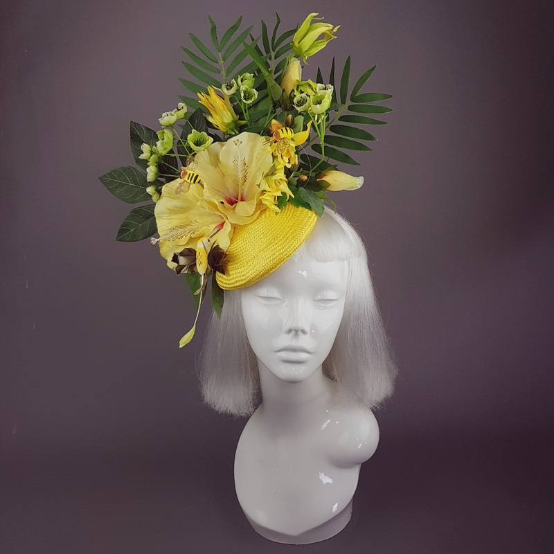 Sunni Yellow Tropical Hibiscus Flowers Fascinator Hat