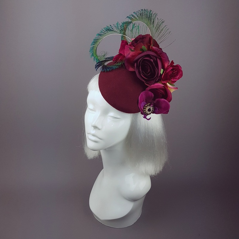 Tiana Deep Pink/Red Rose Headpiece with Peacock Feathers