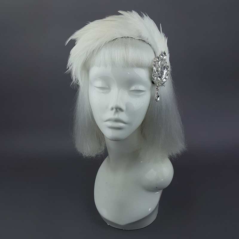 Vespera Vintage Inspired Ivory Jewel Feather Fascinator