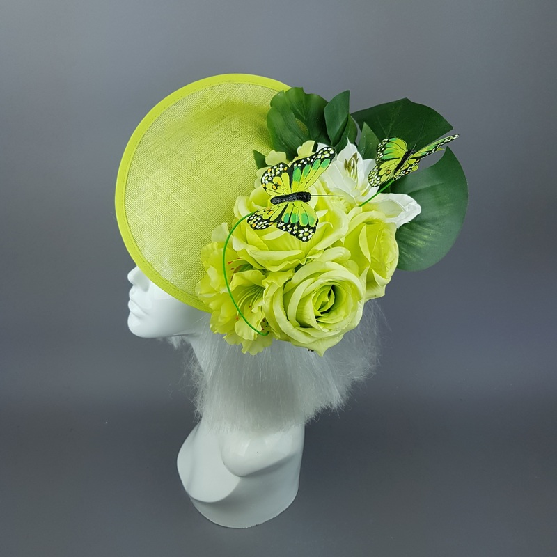 Amour de Chaux Neon Lime Green, Flower & Butterfly Ascot Wedding Hat