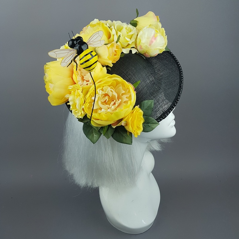 Amoureuse Yellow Floral Black Hat With Bee