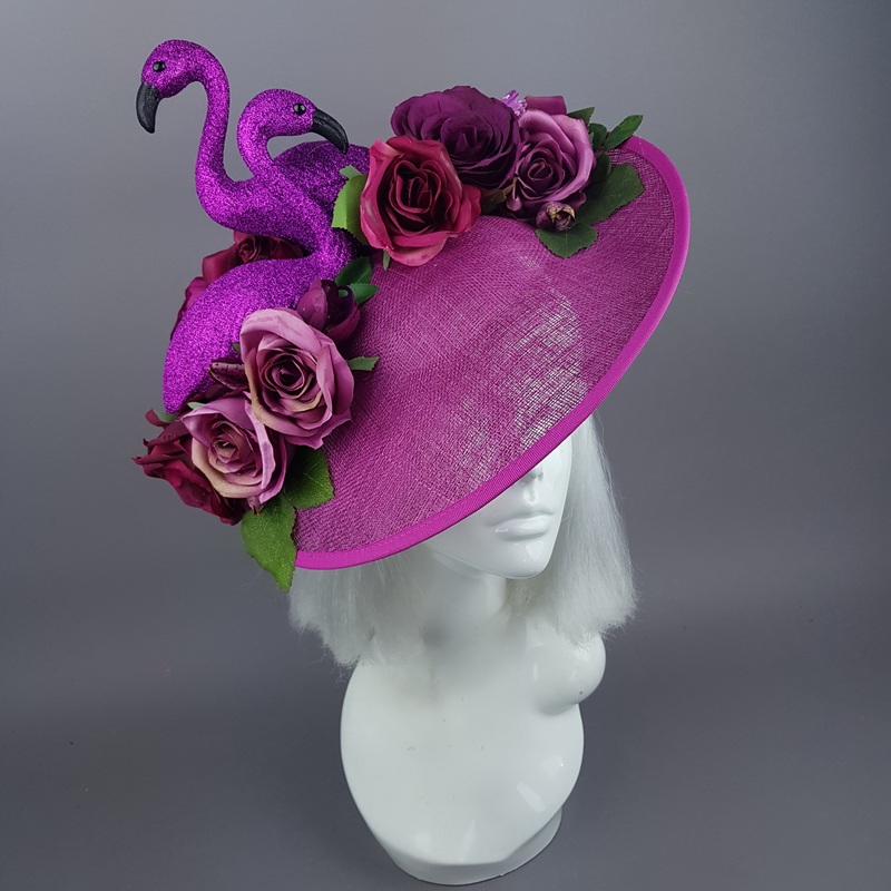 Belle Fuchsia Pink Floral Hat with Flamingos