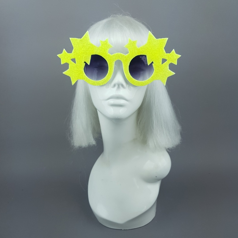 Bright Star Neon Yellow Glitter Stars Sunglasses