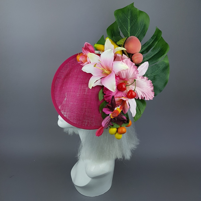 Dulcina Fuchsia Pink Flower & Fruit Ascot Wedding Hat