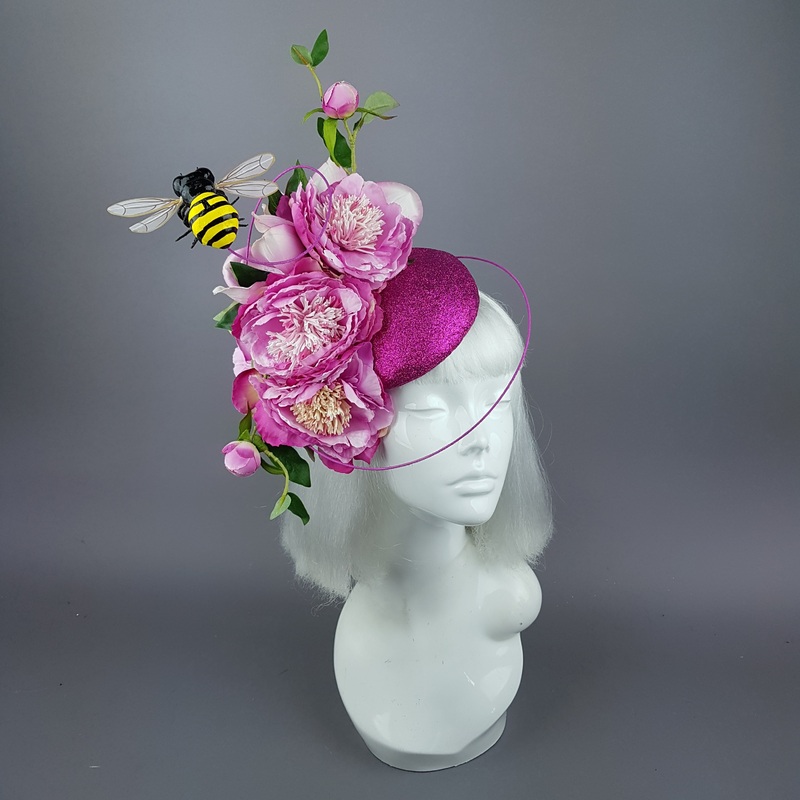 Eglantine Pink Glitter Rose & Bee Fascinator
