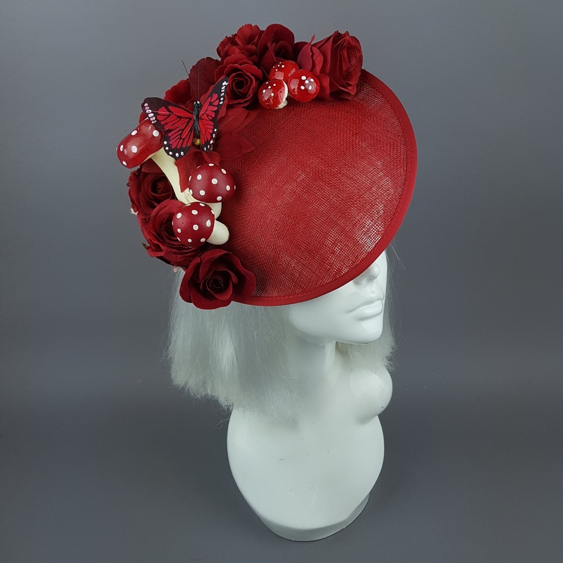 Ellette Red Rose Butterfly Floral Mushroom Hat Fascinator