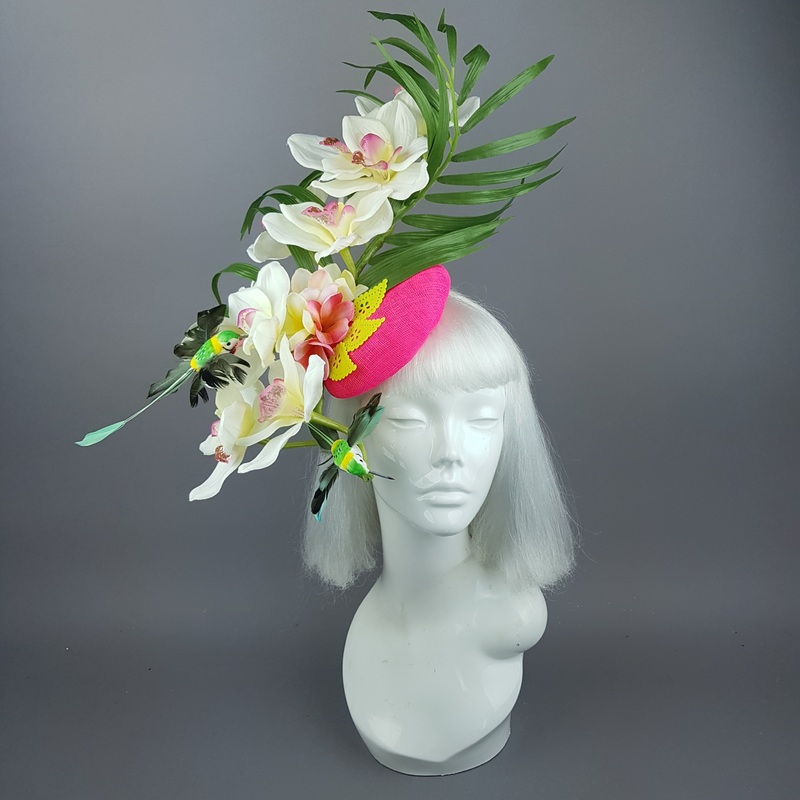 Glow Neon Pink Orchid Flowers Fascinator Hat