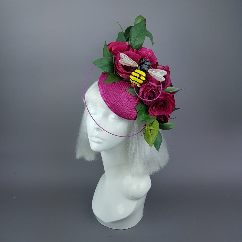 Ruby Tuesday Pink Rose Flowers & Bee Fascinator Hat