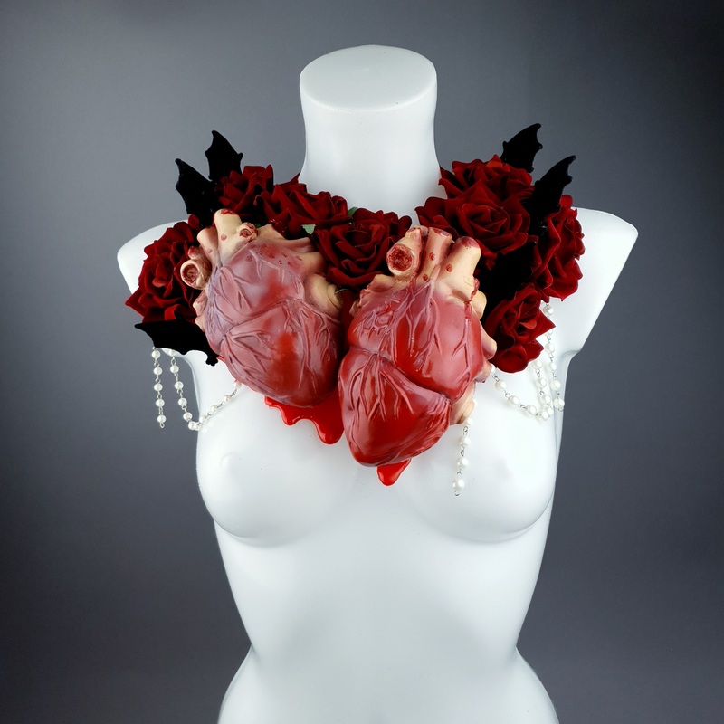 2 Hearts Beat As 1 Red Rose, Anatomical Heart & Bat Wing Neckpiece