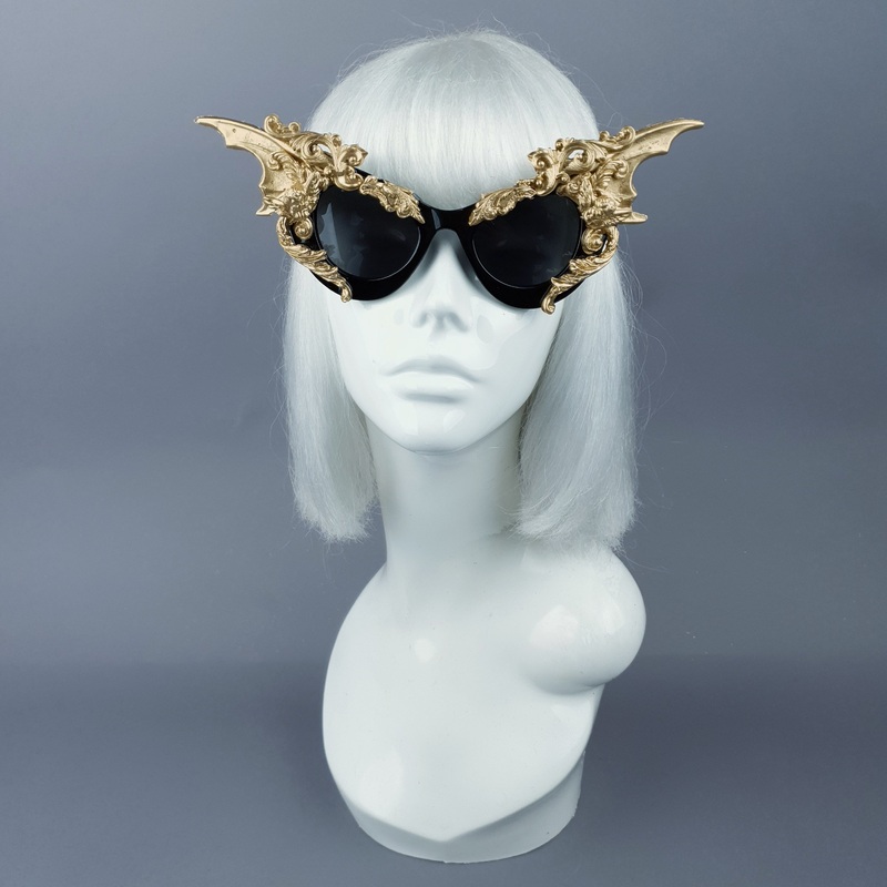 Bathory Black & Gold Filigree Ornate Bat Wing & Cherub  Sunglasses