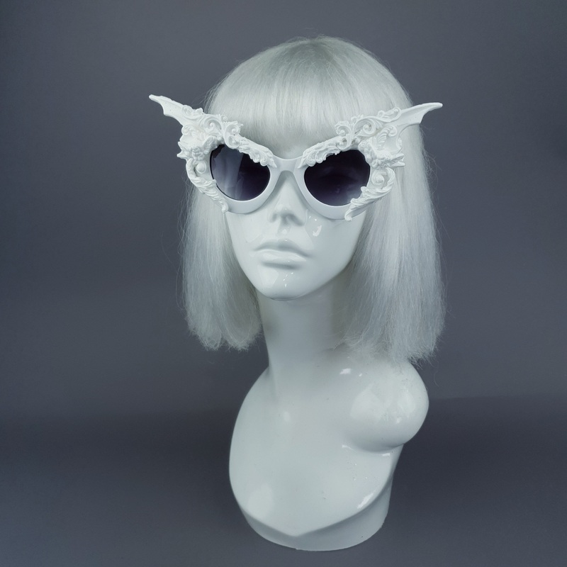 Bathory White Filigree Ornate Bat Wing & Cherub  Sunglasses