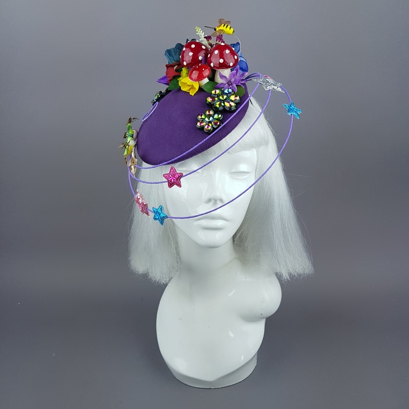 Esperanza Colourful Flower, Mushrooms & Wired Veil Fascinator Hat
