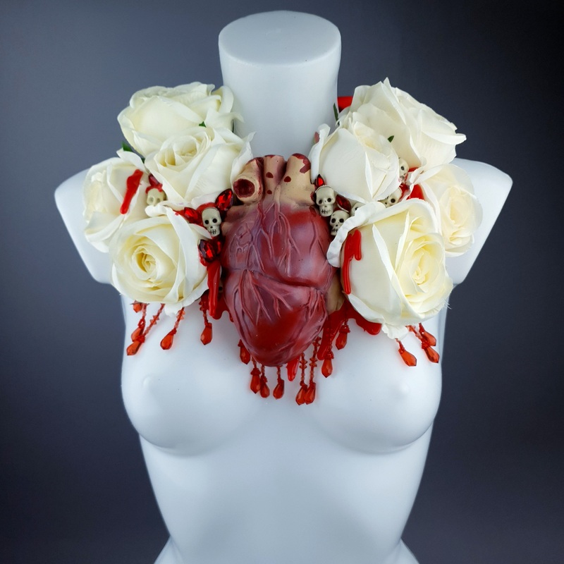 Gouge Away Ivory Rose, Anatomical Heart & Skulls Neckpiece