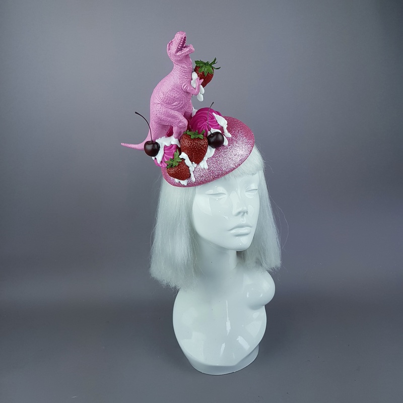 T-Rex-Topia Pink Dinosaur, Strawberries & Cream Fascinator Hat