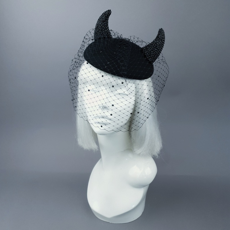The Devil Is A Woman Black Crystal Horns Veil Fascinator Hat