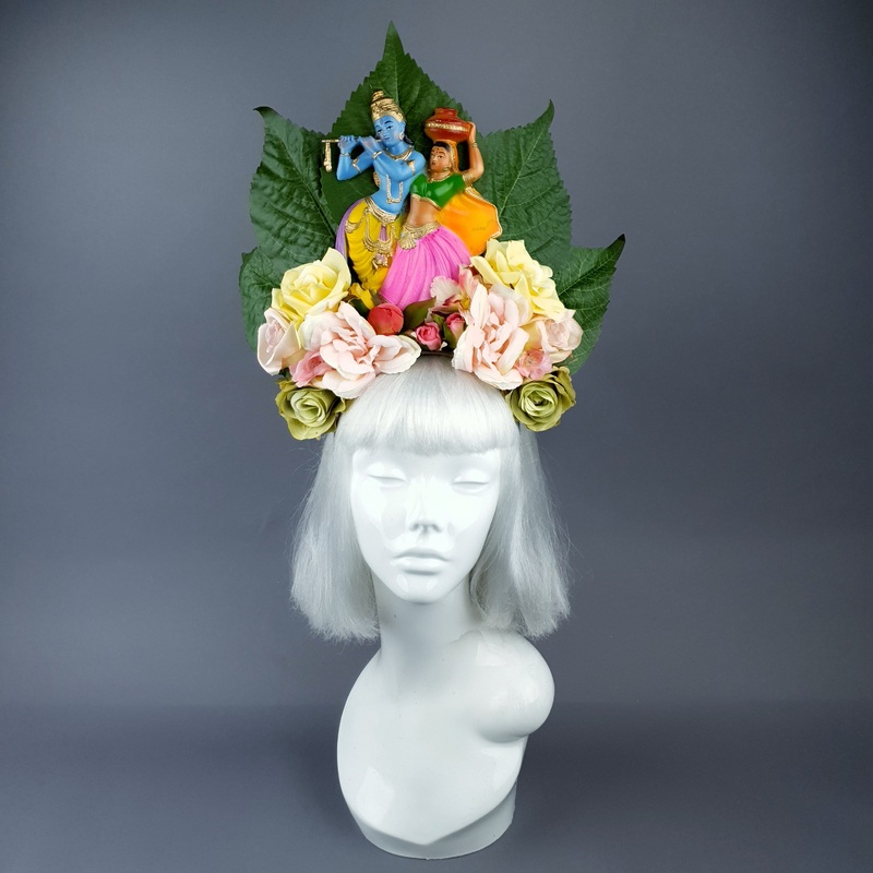 XL Colourful Flower Headdress with Krishna & Radha