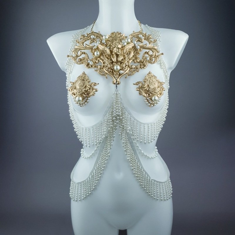 Acadia Gold Filigree & Pearl Harness Body Jewellery & Pasties.