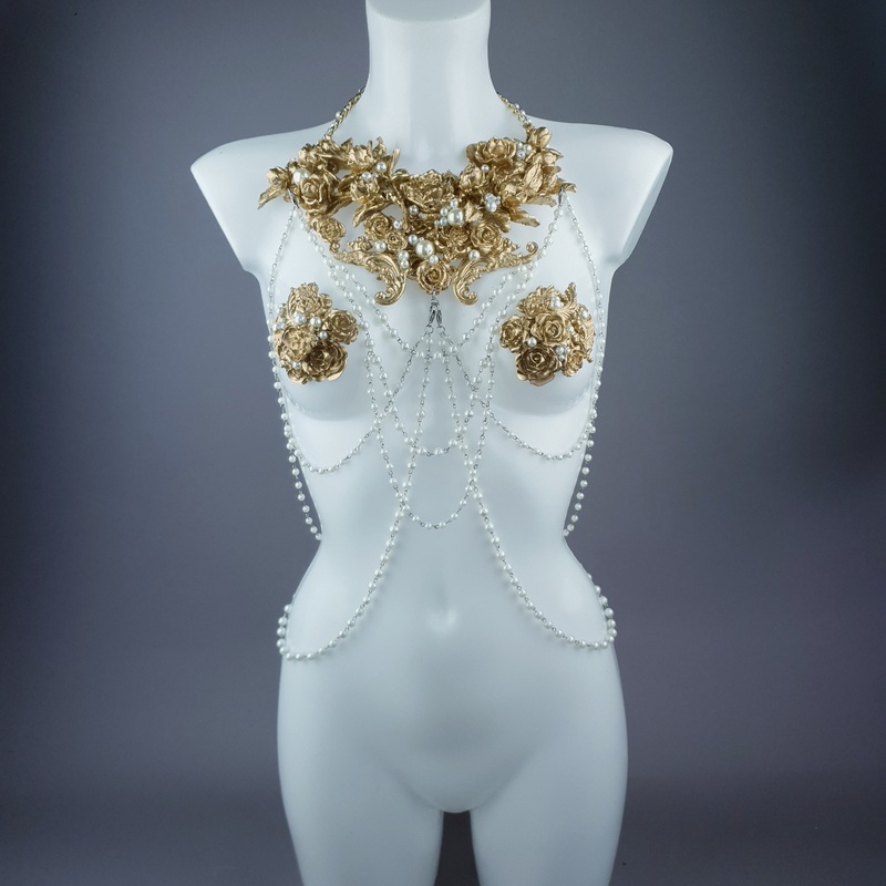 Alchemy Gold Rose & Pearl Harness Body Jewellery & Pasties.
