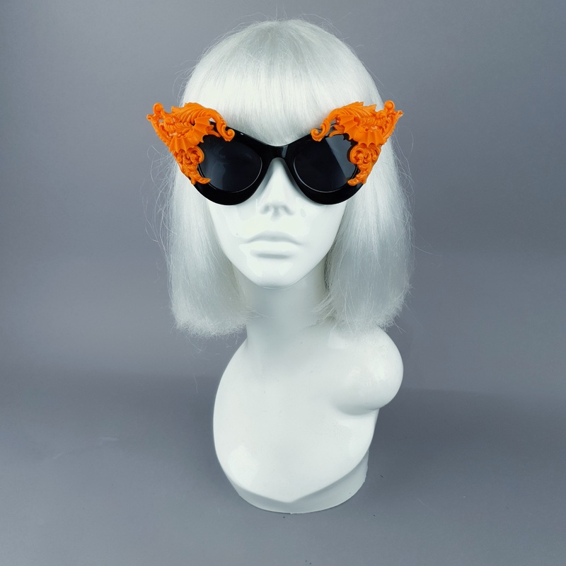 Banshee Ornate Orange Filigree & Bats on Black Sunglasses