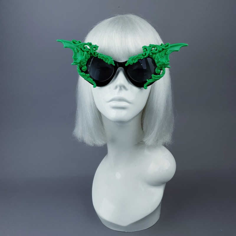 Bathory Black & Green Filigree Ornate Bat Wing & Cherub  Sunglasses