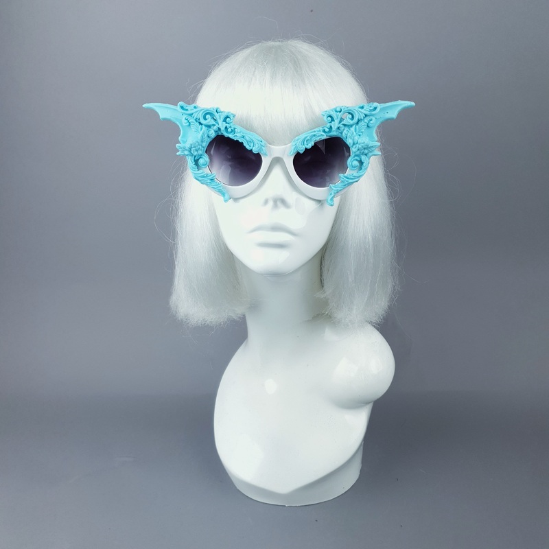 Bathory Light Blue & White Filigree Ornate Bat Wing & Cherub Sunglasses