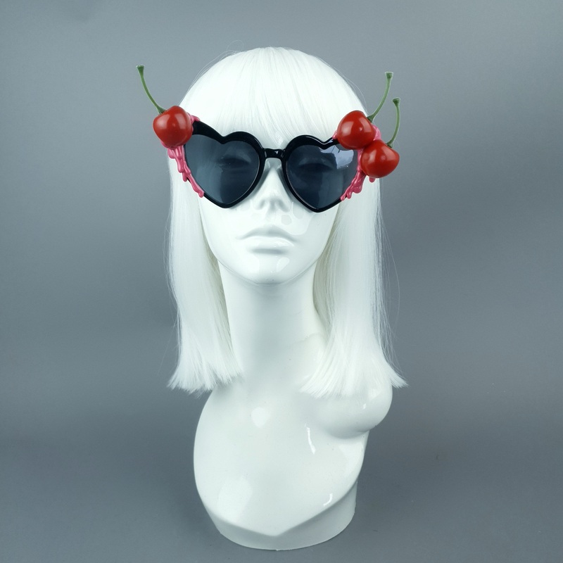 Cerise Noire Black & Pink Cherry Heart Sunglasses