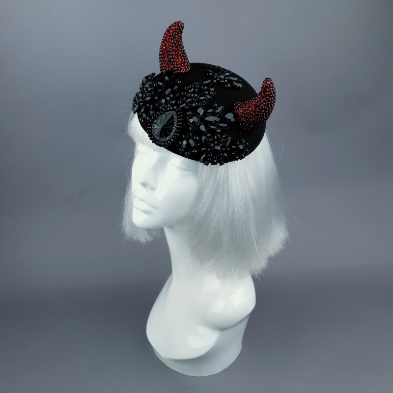 Diosa del Amor Black & Red Crystal Horns Bejewelled Fascinator Hat