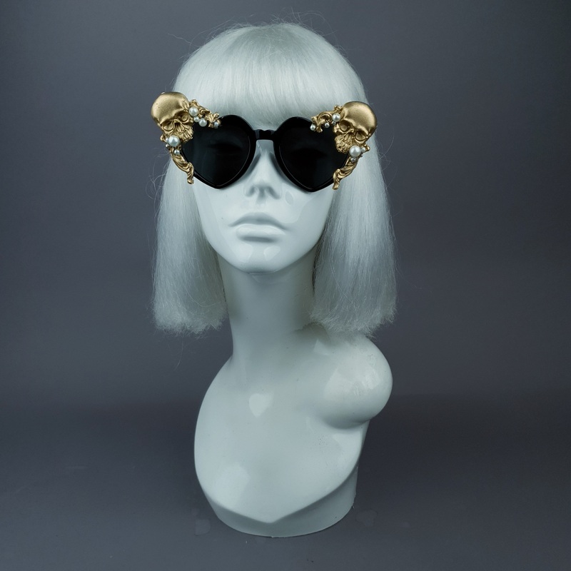 Doom Gold & Pearl Skull Black Heart Shaped Sunglasses